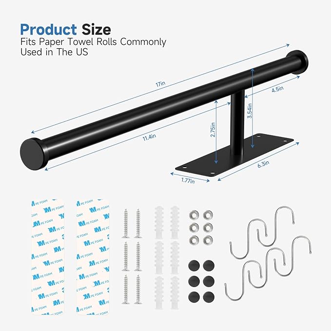 Dual-Purpose Paper Towel Holder Under Cabinet, Upgrade with 4.7in Extended and 5pcs S-Hooks, Adhesive or Screw Wall Mount, Stainless Steel Under Counter Paper Roll Holder for Kitchen Garage (Black)
