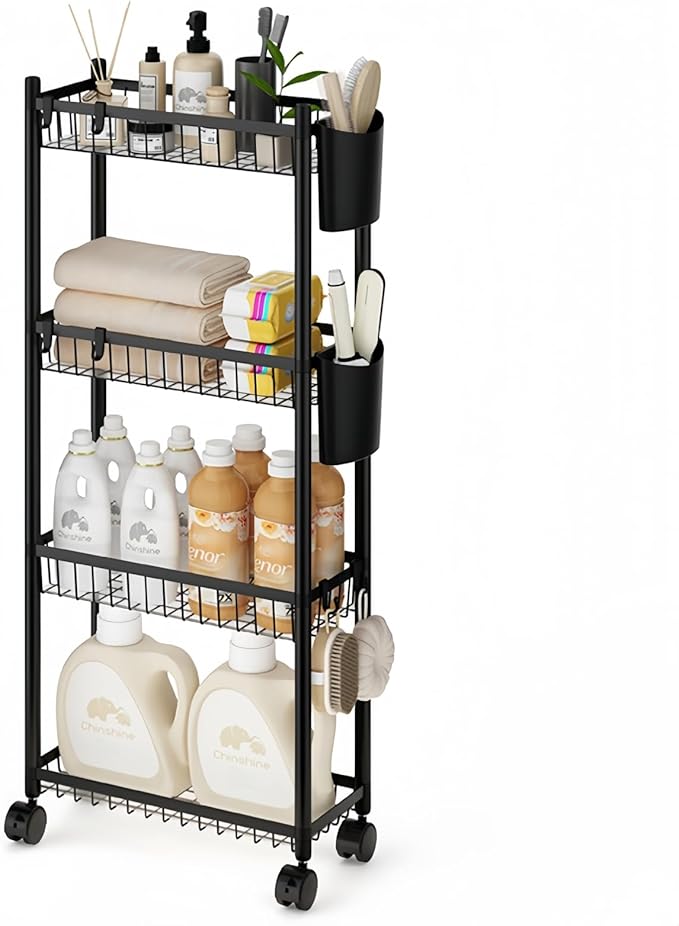 Slim Storage Cart with Wheels, 4 Tier Narrow Rolling Utility Carts, Skinny Metal Bathroom Organizer, Thin Mobile Shelf Unit for Bathroom Kitchen Laundry Room Office Small Spaces, Black