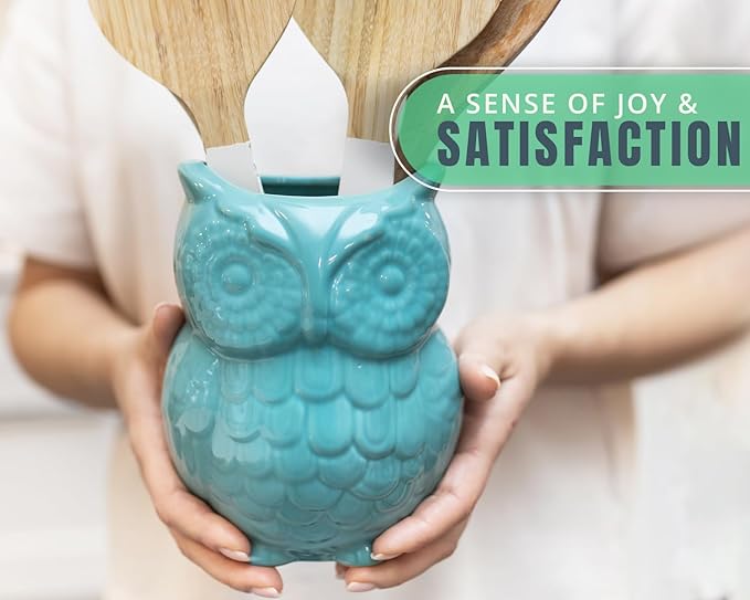 Comfify Owl Utensil Holder Decorative Ceramic Cookware Crock & Organizer, in Lovely Aqua Blue Color - Utensil Shaped Caddy and Perfect Kitchen Ceramic Decor Gift for Countertop - 5” x 7” x 4” Size