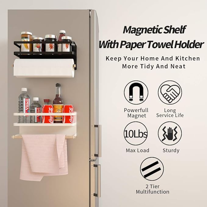 Magnetic Paper Towel Holder for Refrigerator,Magnetic Spice Rack with Paper Towel Rack Storage Organizer Fridge Shelf,Used for Kitchen,Bathroom, Drill Free (B-Black) (White)