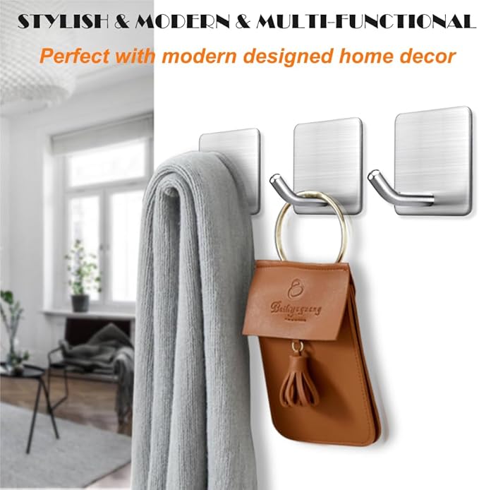 Heavy Duty Adhesive Towel Hooks Stick on Towel Hanger Wall Holder Waterproof Stainless Steel Sticky Hooks for Hanging Bathroom Kitchen Home-4 Packs