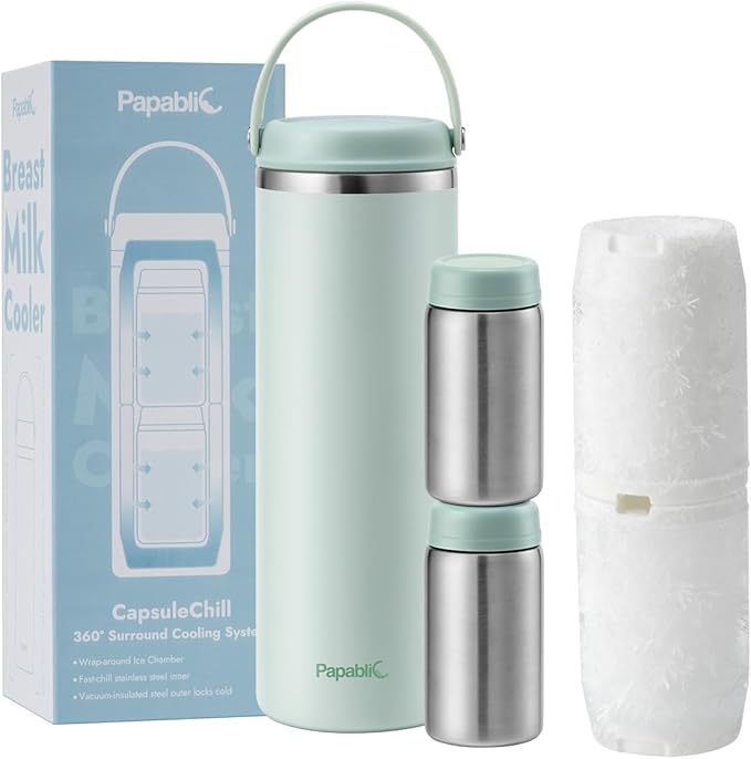 Papablic Innovative 360° CapsuleChill Breastmilk Cooler for 36H Safe Storage, 20oz Stress-Free Portable Breast Milk Chiller with 2pcs Stainless Steel Baby Bottles for Work & Travel, Mint Green