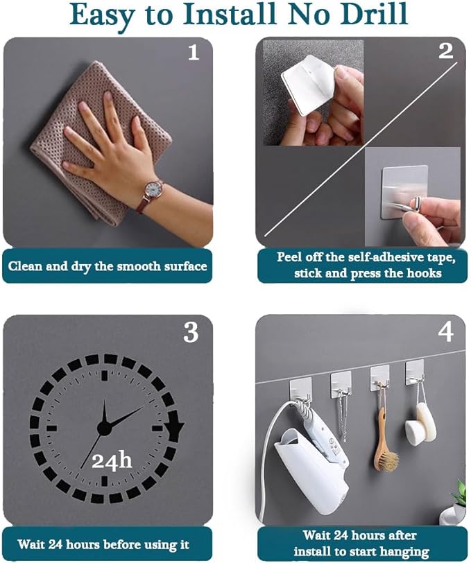 EDMILE Adhesive Towel Hooks, 8 Pack Self Adhesive Coat Sticky Hooks for Hanging, Stainless Steel Stick on Wall Hat Hook, Bathrooms Kitchen Livingroom Garage, Silver