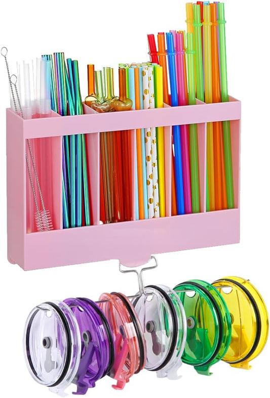 10''Straw Organizer for Cabinet Door with Tumbler Lid Organizer,Large Straw Holder with Washable Sticky Reusable Cup Lid Holder,Water Bottle Accessories Organizer for Kitchen (Pink)