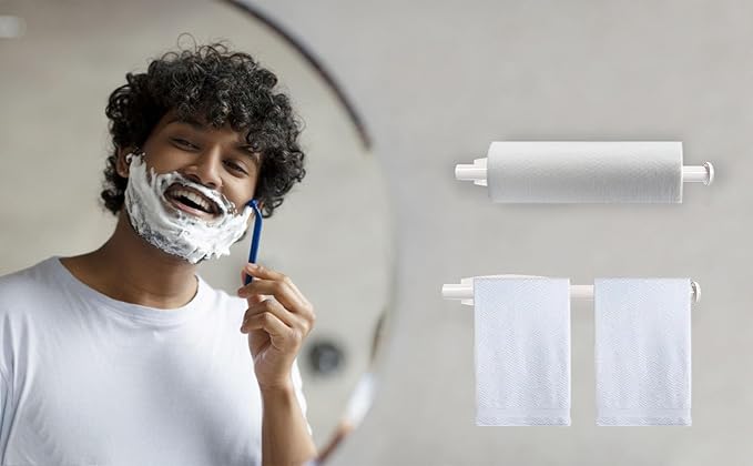 White Paper Towel Roll Rack - Under Cabinet Stainless Steel Towel Holder - Self Adhesive or Drilled Mount - 200 lbs Max Weight