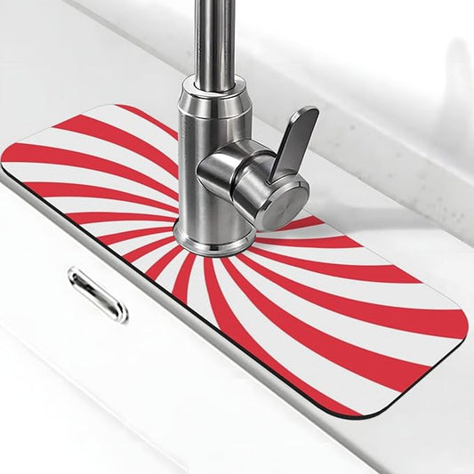 Christmas Red Swirl Peppermint Sugar Candy Kitchen Sink Splash Guard Faucet Mat 1 Pcs, Absorbent Fast Drying Mat Gadgets Splash Guard For Bathroom 15 X 5.5 Inches