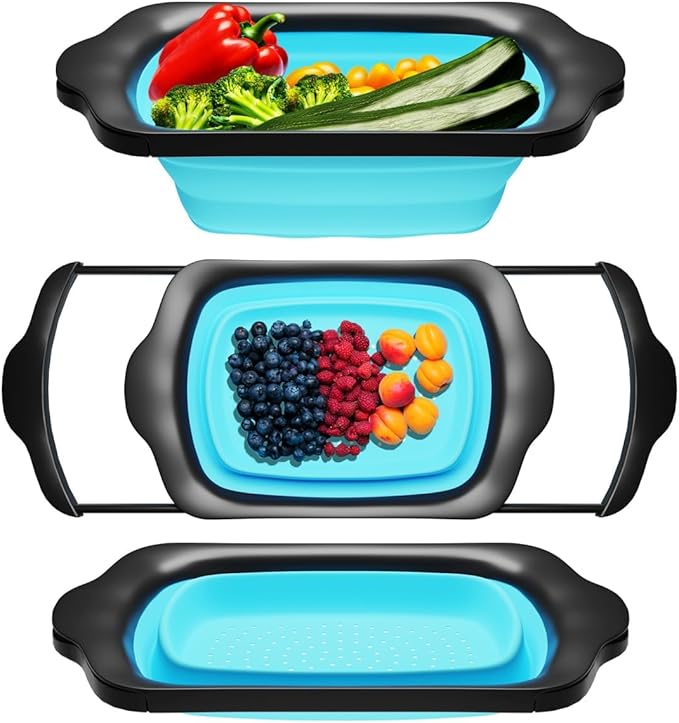 Comfify XL Large Kitchen Strainer - Collapsible Silicone Over - The-Sink Colander with Extendable Handles - Use with Pasta, Fruit, Berries & Veggie - 6 Quart - Blue