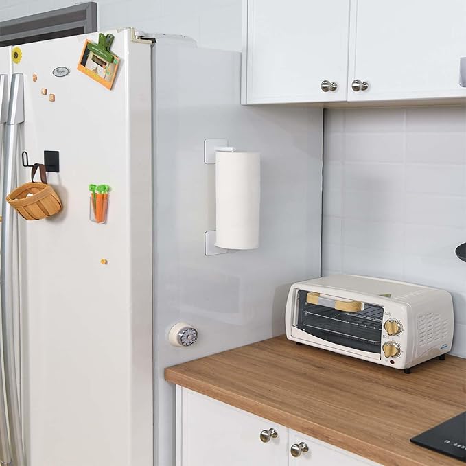 Magnetic Paper Towel Holders Heavy Duty Steel Brushed Holder with Strong Magnetic Backing - Fit for Large Paper Towels or Use as Hook - for Kitchen,Refrigerator,Grill,Garage,Shop(White,2x3IN)
