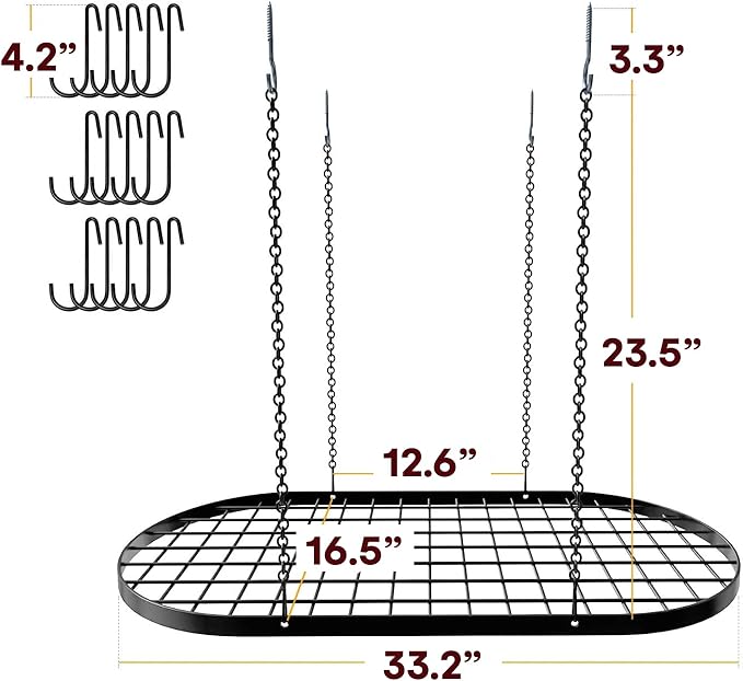 Vdomus Heavy-Duty Hanging Pot Rack - 33x17 Inches - Stylish Black Alloy Steel Ceiling Storage with 15 Hooks - Organize Kitchen Cookware and Utensils - Space-Saving Mounted Overhead Holder