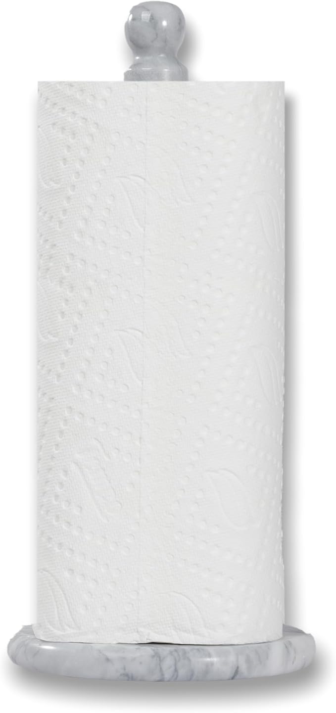 Handmade Marble Paper Towel Holder - 12" Upright Paper Roll Dispenser with Heavy Non-Slip Base for Easy One-Handed Tear - Ideal for Kitchen Countertops, Cabinets, and Bathrooms-White & Light Grey…