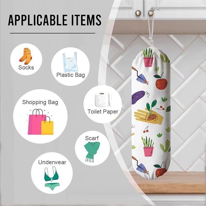 Plants Plastic Bag Holder, Reusable Washable Shopping Bags Storage Carrier, Grass Fabric Garbage Trash Bag Dispenser for Home Kitchen Pantry Cabinet, Wall Mount, Housewarming Gifts for Women
