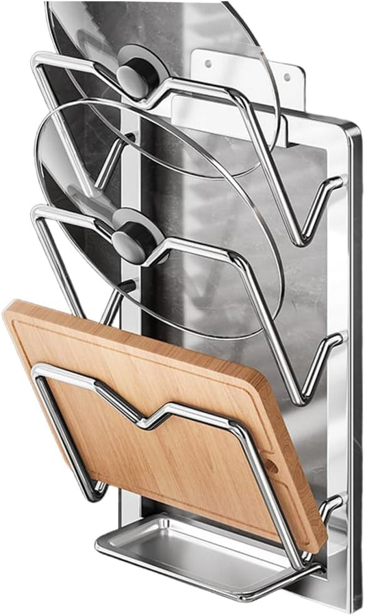 Kitchen Pot Lid Storage Rack, Pot Lid Holder With Tray, Lid Holder While Cooking, Lid And Spoon Rest, Multifunctional Kitchen Organizer Stand for Stove Top (Wall Mount, 3-layer)