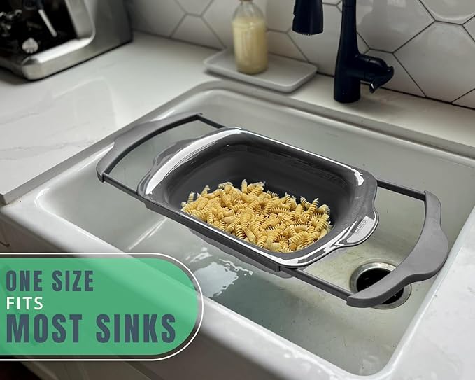 Comfify Over-the-Sink Colander with Handles – Sleek Plastic Black Kitchen Strainer for Pasta, Vegetables & Fruits – Space-Saving Design – 17.1" x 10.1" x 1.4"