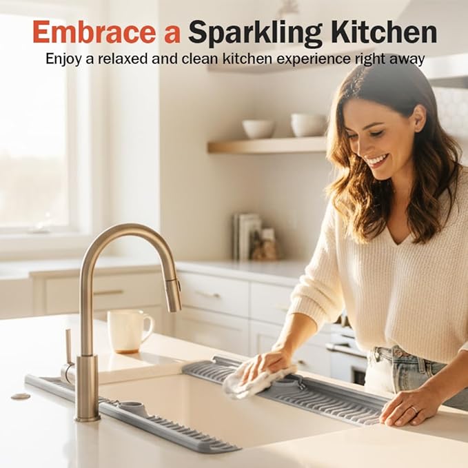 Foldable Kitchen Sink Faucet Mat, 76CM Thickened Faucet Mat for Kitchen Sink, Multi-Purpose Splash Guard & Drying Pad with Adjustable Holes & Snap Lock (Green)