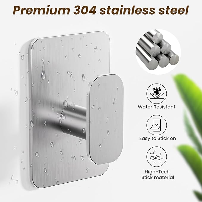 Eowihor Heavy Duty Self Adhesive Hooks - 26lb Max, Sticky Wall Hooks Stainless Steel for Hanging Towel, Coat, Robe, Waterproof & Rustproof Hooks Stick on Bathroom, Shower, Kitchen(Silver, 4 Pack)