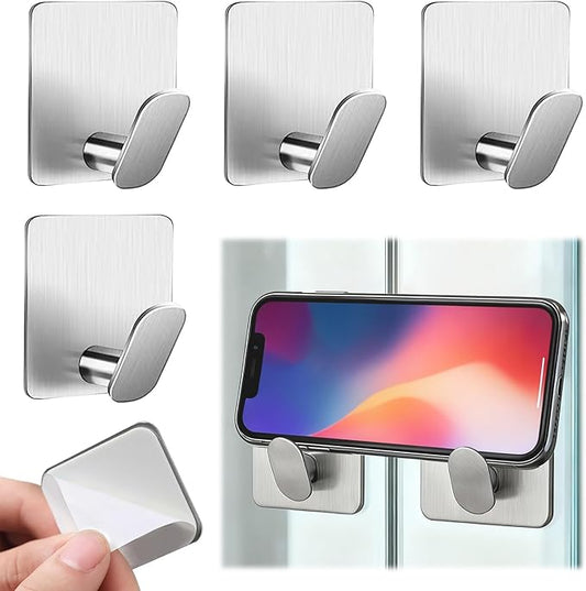 GARGIER Adhesive Shower Hooks Heavy Duty Metal, Brushed Nickel Towel Hooks Stick On Wall Hanger for Hanging Coat, Hat, Robe Hook for Bathroom Kitchen Decorations, 304 Stainless Steel (4 Packs)