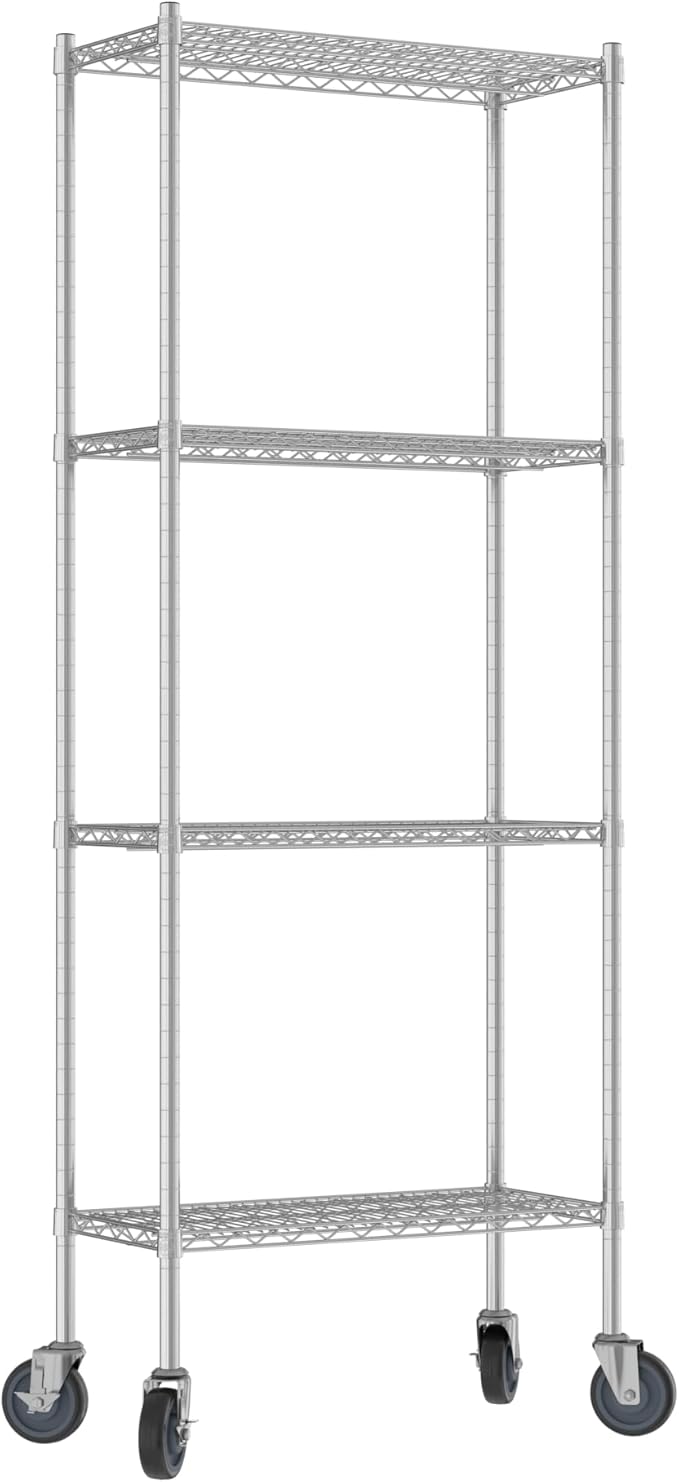 Commercial NSF Listed Chrome Mobile Wire Shelving Kit 14" x 30" x 80", with 4 Shelves Perfect for Warehouse, Walk-in Refrigerator, Freezer, Grocery Store, Restaurant, Dishroom