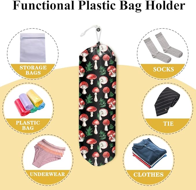 Cute Mushroom Grocery Bag Holder and Dispenser Plastic Bags Organizer Garbage Shopping Trash Bags Storage for Home Hippie Witchy Kitchen Gifts for Kitchen Farmhouse Holiday Home Decor