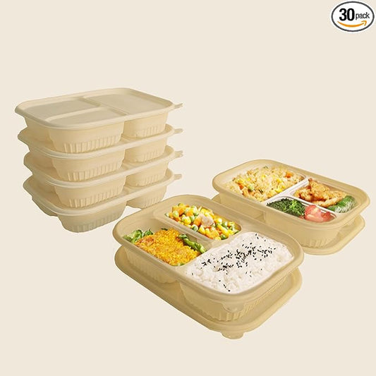 FUailiYY 30 Packs of Disposable 36 Ounce Square Meal Prep Container, 3-Chamber biodegradable clamshell containers, Thickened Food Storage Container With Lid, Stackable.
