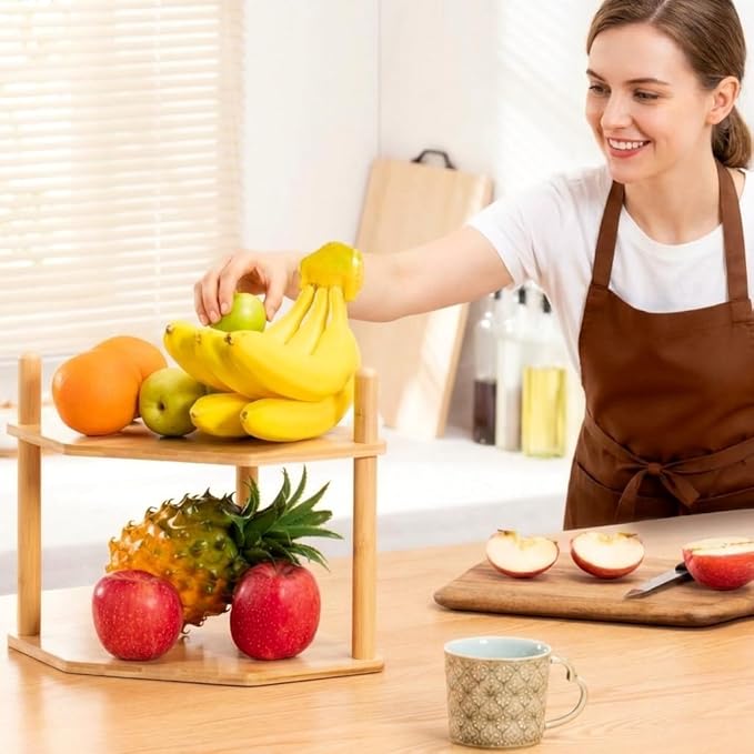 2-Tier Expandable Bamboo Corner Shelf - Dish/Plate Organizer for Cabinet, Kitchen Counter Shelf & Small Kitchen Shelf, Adjustable (1, 6.7" H)