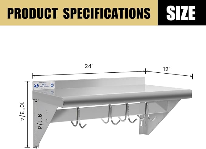Hally Stainless Steel Shelf with 4 Hooks 12" x 24" Wall Mounted Pot Rack, NSF Commercial Floating Shelving for Storage Hanging Pots, Pans, cookware in Restaurant, Kitchen, Home and Hotel