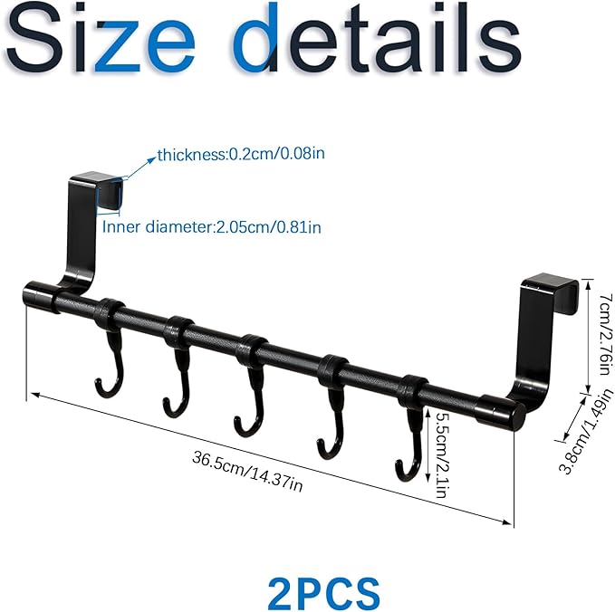 2Sets Towel Holder, Over The Cabinet Door Towel Rack with Hooks, No-Installation Organizer for Kitchen Towels and Utensils on Bathroom Pantry Doors (Black)