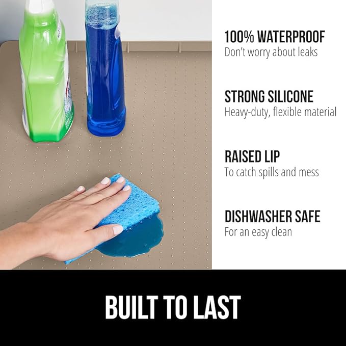 GORILLA GRIP Waterproof Silicone Under Sink Mat with Raised Lip for Kitchen and Bathroom, Cabinet Shelf Liner Stay in Place Mats Dishwasher Safe Drawer Liner, Organizer Tray, 15 x 22 in, Beige