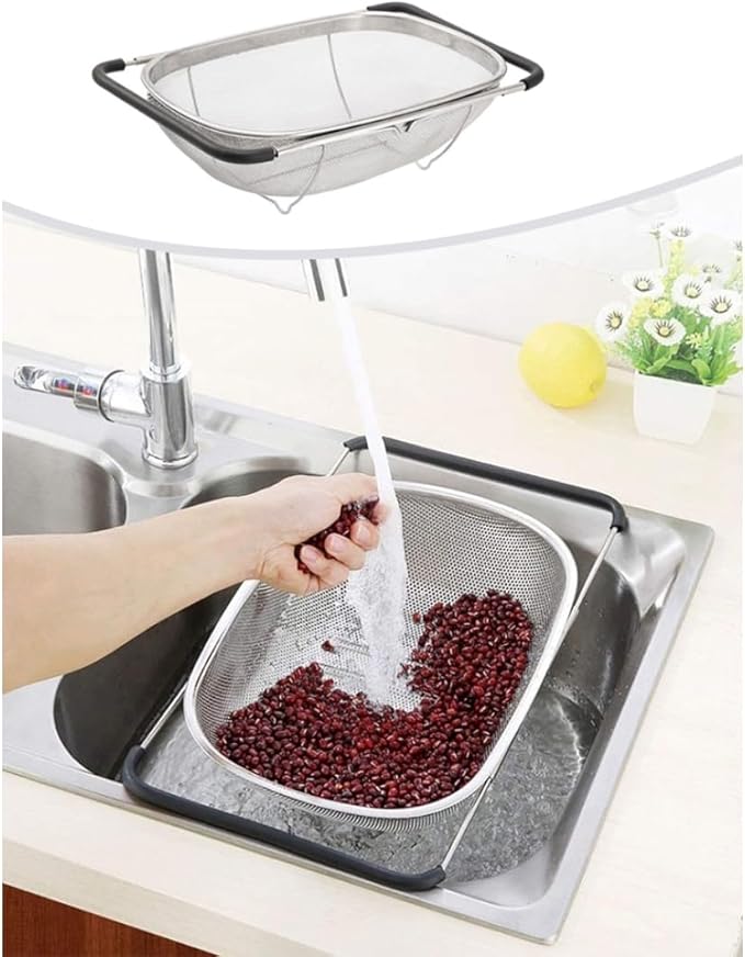 Over Sink Colander Fine Mesh Stainless Steel Strainer Basket with Handle for Kitchen Sink S...