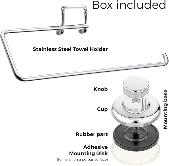 Suction Cup Paper Towel Holder- Chrome Plated Stainless Steel Bar for Bathroom & Kitchen (Chrome)