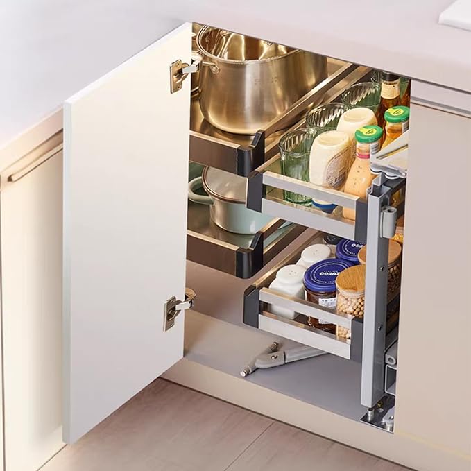 Gdrasuya10 2 Tier Blind Corner Cabinet Pull Out Organizer, 4 Shelf Corner Pull Out Cabinet Steel Slide Out Kitchen Cornér Cabinet Organizer Shelf for 15" Right Opening Door
