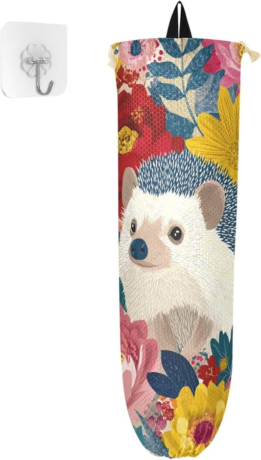 Plastic Bag Holder Wall Mount Grocery Bag Shopping Bag Storage Holder Organizer Dispenser with Adhesive Hook,for Kitchen Bathroom Home Decor 9x22 Inches Garden Flowers Hedgehogs Colorful12