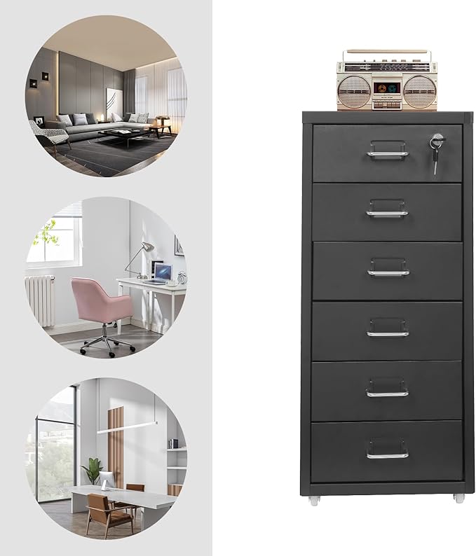 6-Drawer File Cabinet with Lock & Wheels, Vertical Metal Filing Cabinet for Home Office - Black Storage Organizer for A4/Letter Documents, Assembly Required