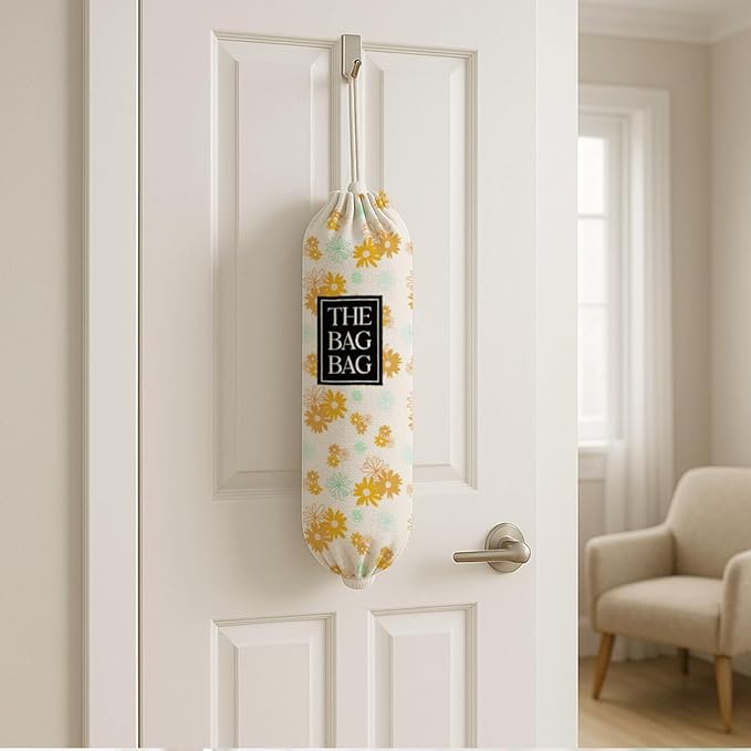 Plastic Bags Holder for Kitchen, The Bag Bag Grocery Bags Holder for Kitchen Essentials, Reusable Hanging Grocery Sack Organizer, Floral Reusable Trash Sack Storage Dispenser to Home Decor