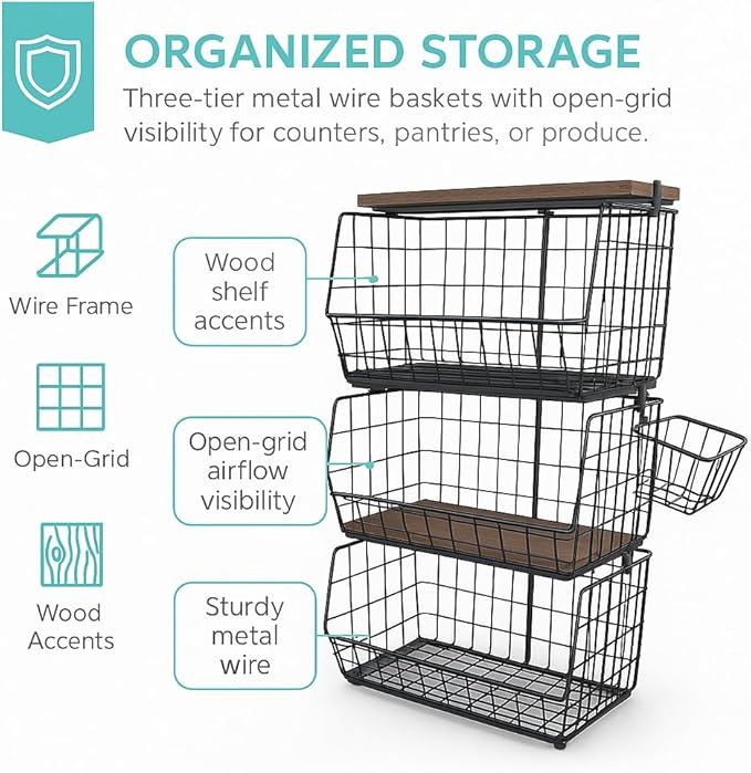 Storage Pantry Baskets – Heavy Duty Wire Bins for Kitchen, Bathroom & Laundry – Wall Mounted, Stackable Organizer for Snacks, Toiletries, Potatoes & Onions – 2 Pack Storage Set Bundle XXL