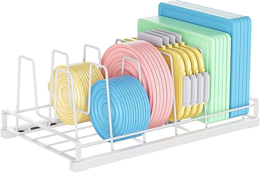 Food Container Lid Organizer for Cabinet,with 6 Adjustable Dividers Detachable,Metal Pot Lid Organizer Rack Storage Plastic Lids Pots Bakeware for Cabinets, Cupboards,Pantry, Drawers (White)