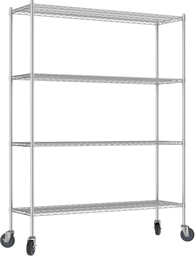 Commercial NSF Listed Chrome Mobile Wire Shelving Kit 18" x 60" x 80", with 4 Shelves Perfect for Warehouse, Walk-in Refrigerator, Freezer, Grocery Store, Restaurant, Dishroom