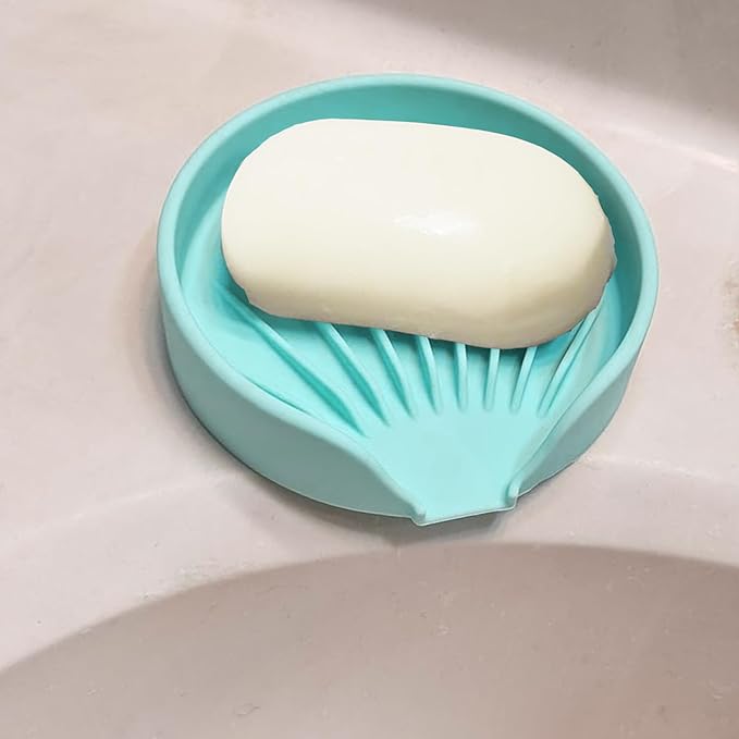 Self Draining Soap Dish, Silicone Soap Holder with Suction Cup and Drain Spout, Kitchen Bathroom Sink Organizer, Dish Soap Bar Tray Savers Sponge Holder, Perfect for Dispenser, Scrubber, Bottle, Cup