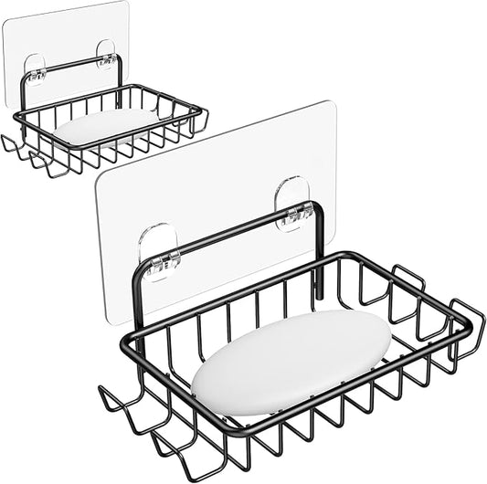 Nieifi Soap Dish,Bar Soap Holder for Shower Wall with 4 Hooks Stainless Steel Adhesive Soap Dish for Bathroom Shower Razor Holder (Black)