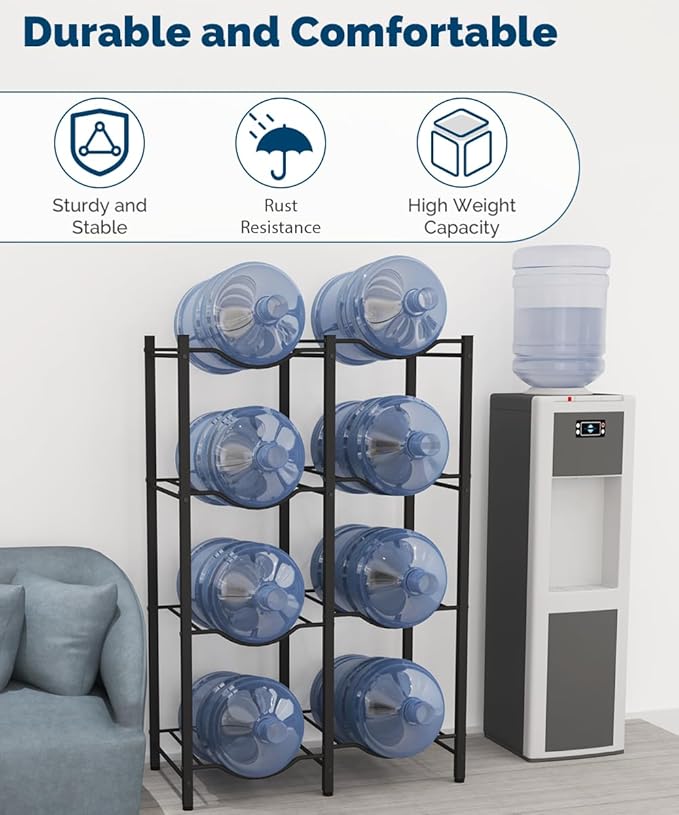 Mocomax 5 Gallon Water Jug Rack - Detachable Bottle Holder for 8, 4 Tier Heavy Duty Cooler Rack - Organizer for Kitchen, Office, Living Room, Black