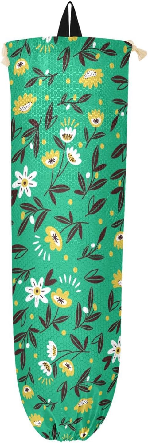 1 PC Plastic Bag Holder Wall Mount Grocery Bag Holder Shopping Bag Trash Bag Storage Organizer Dispenser for Kitchen Closet 22 x 9 Inch Small Flowers Green
