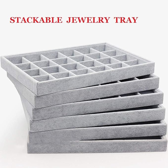 Stratalife Earring Organizer Stackable Jewelry Tray Removable Display Tray Organizer for Jewelry Necklace Earring Drawer Insert 24 Grid Grey