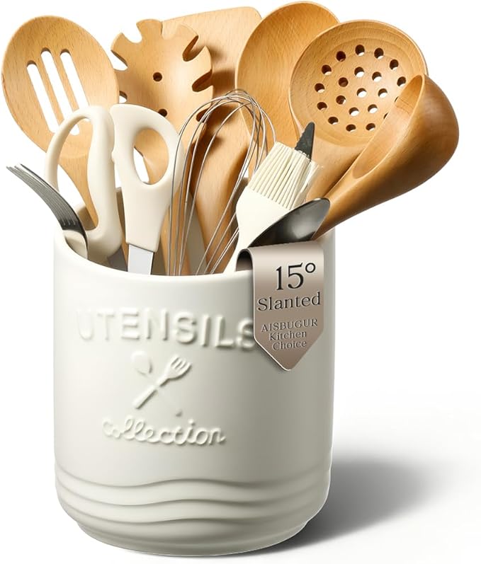 AISBUGUR Large Ceramic Utensil Holder: 7.5" H×6.3" W with Slanted Mouth - Utensil Crock with Non-Slip Cork Base for Kitchen Counter, Ideal for Decor & Gift, White