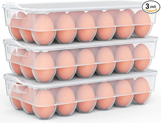 Clear Covered Egg Holder 3-Pack, Plastic Egg Storage for Refrigerator, Egg Tray Container with Lid, Fits 18 Eggs