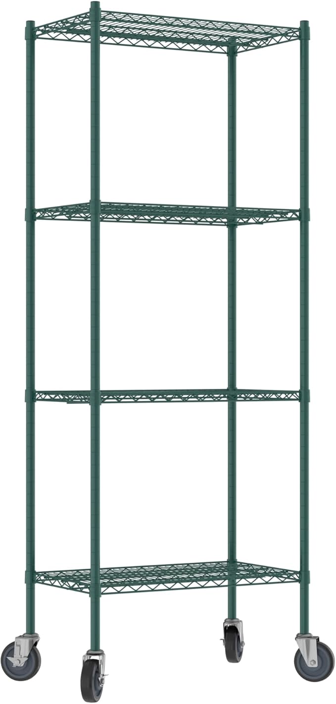 Commercial NSF Listed Green Epoxy Mobile Wire Shelving Kit 18" x 30" x 80", with 4 Shelves Perfect for Warehouse, Walk-in Refrigerator, Freezer, Grocery Store, Restaurant, Dishroom