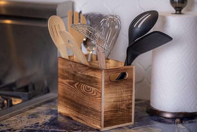 CB Accessories Wood Utensil Holder for Kitchen Counter - 2 Compartment Large Utensil Crock Organizer for Countertop - Tool Holder for Spatula - Farmhouse Decor