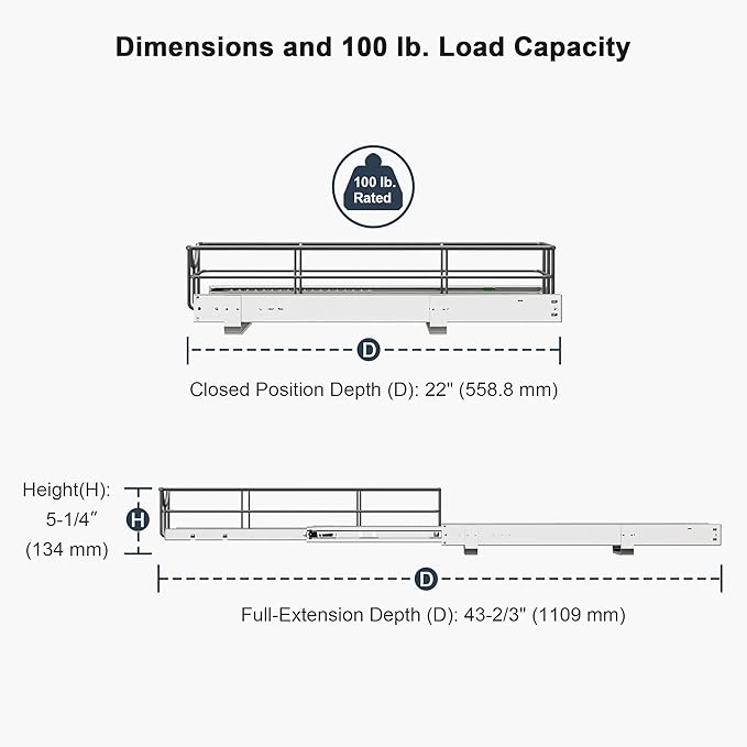 Pull Out Shelves - 8" W x 22" D Soft Close Pull Out Cabinet Organizer 1 Tier - Sliding Shelves with Shelf Liner - Heavy Duty Steel Wire Drawers for Kitchen Cabinets, Pantry, Bathroom