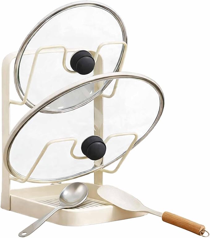 Kitchen Pot Lid Storage Rack, Double-layer Stainless Steelcooking Rack Pot Lid Holder With Tray While Cooking,While Cooking, Lid And Spoon Rest,With Removable Drip Tray (Beige Double-layer)
