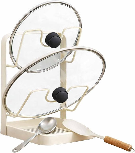 Kitchen Pot Lid Storage Rack, Double-layer Stainless Steelcooking Rack Pot Lid Holder With Tray While Cooking,While Cooking, Lid And Spoon Rest,With Removable Drip Tray (Beige Double-layer)