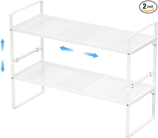 Expandable Kitchen Cabinet Shelf Organizer 2 Pack, Stackable Metal Pantry Storage Shelves, Adjustable Counter Shelf Organizer Rack for Kitchen Cabinets, Cupboard, Countertop, Closet, White