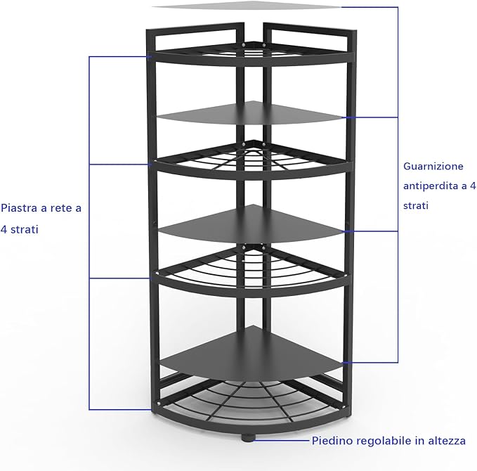 HUIJIN 4 Tier 90°Corner Shelf for Kitchen - Space-Saving Spice Rack, Pot & Pan Organizer, Under Sink Storage - Sturdy Iron Tiered Shelves [RA10 H80/W30CM]